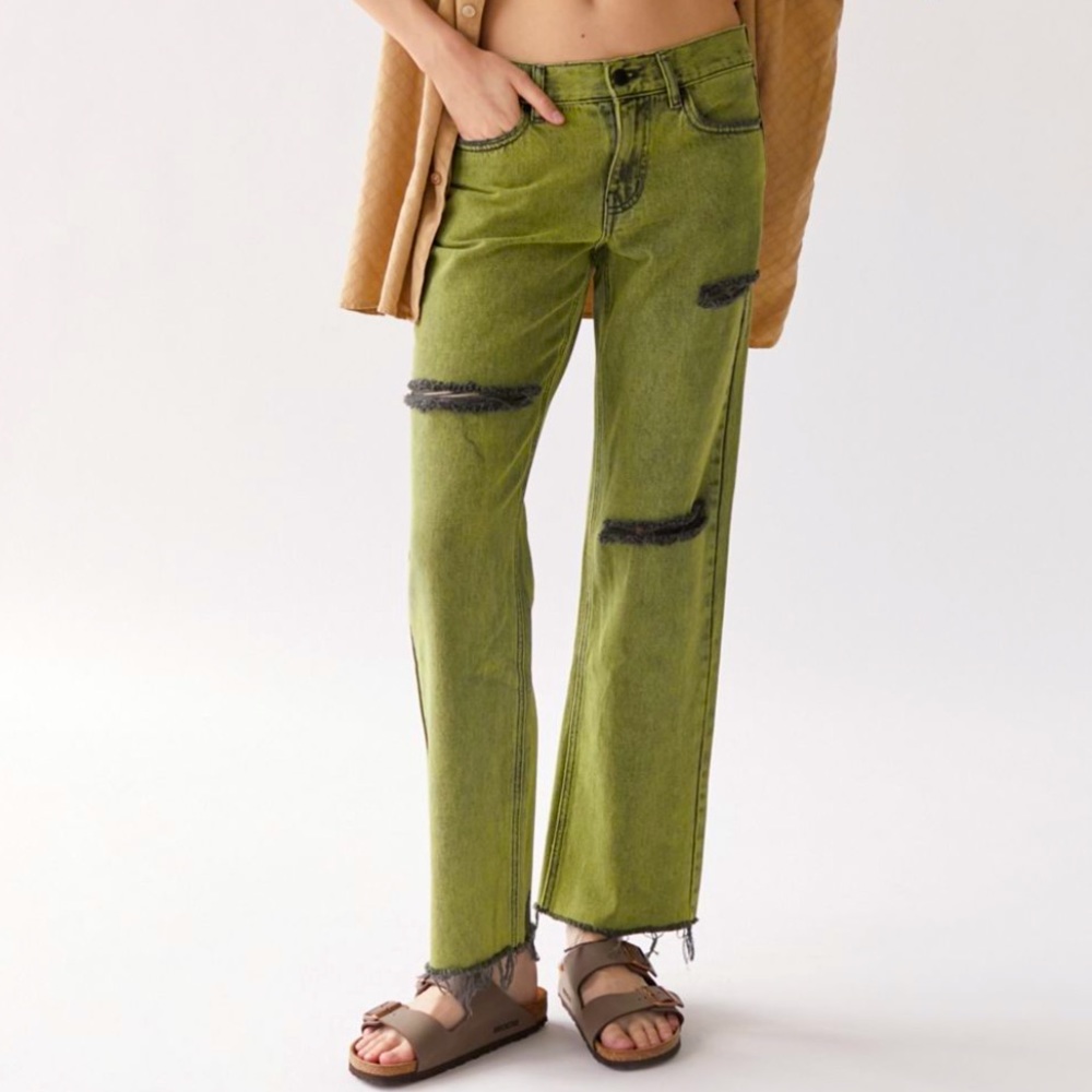NWT UO Lime Stone Washed Straight Leg Slit Distressed Cowboy Jeans
